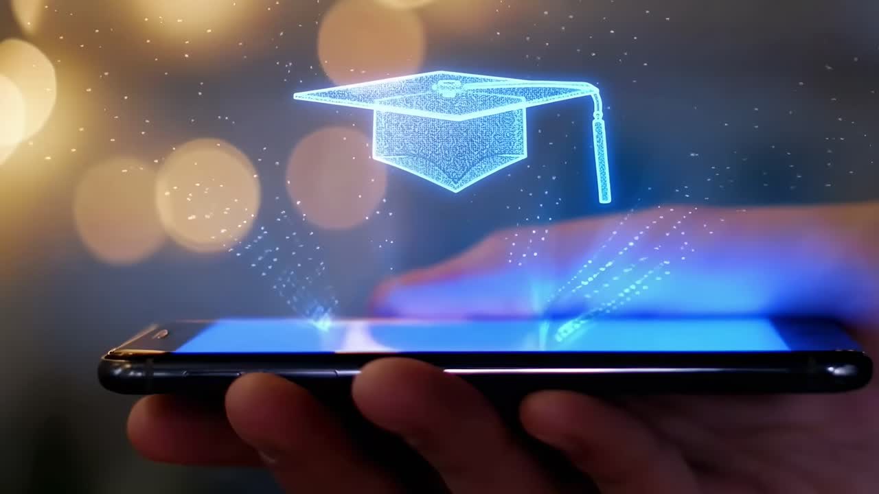 A close-up angle of a smartphone projecting a holographic graduation cap, resembling a futuristic