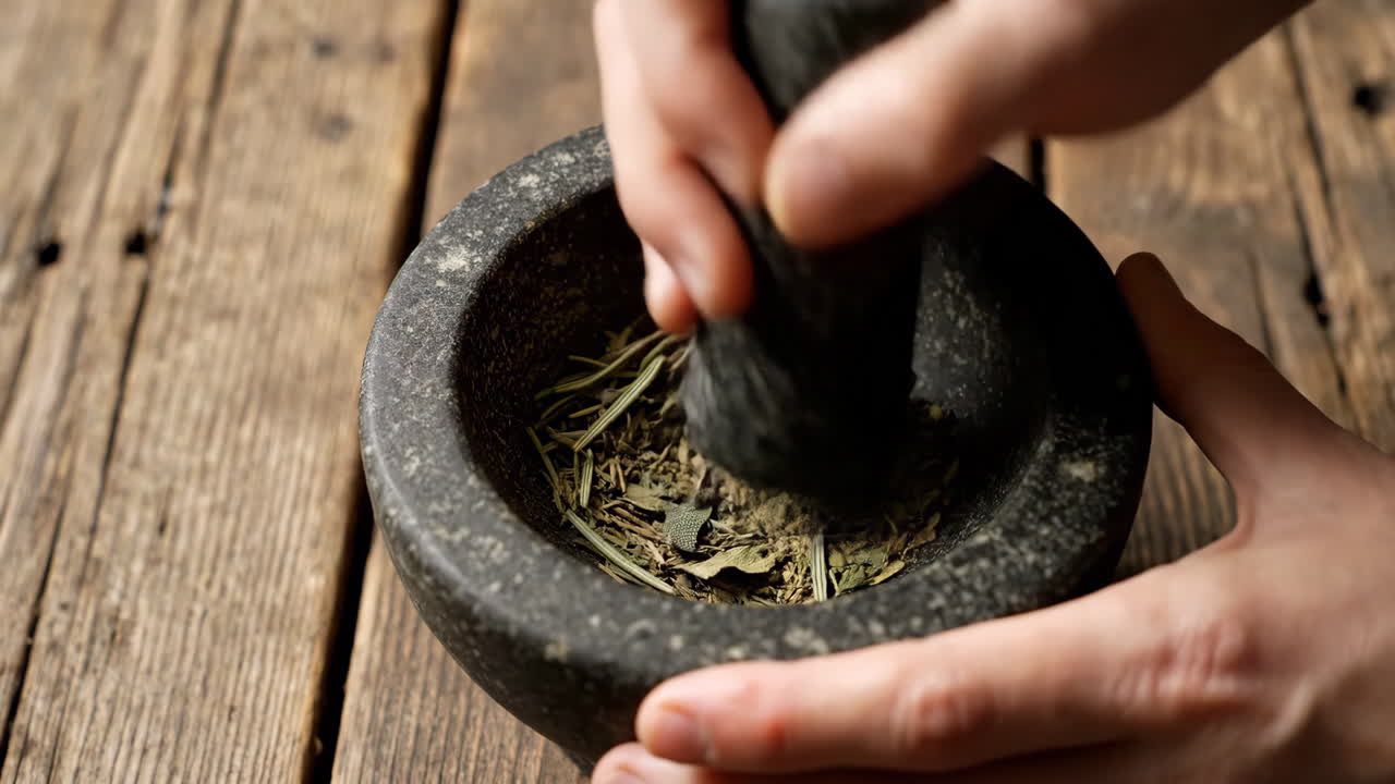 Grinding herbs with mortar and pestle