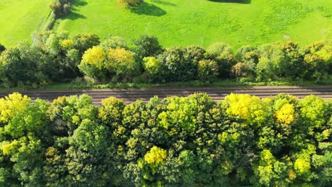 dolly left drone shot of colourful trees and a railway track in countryside