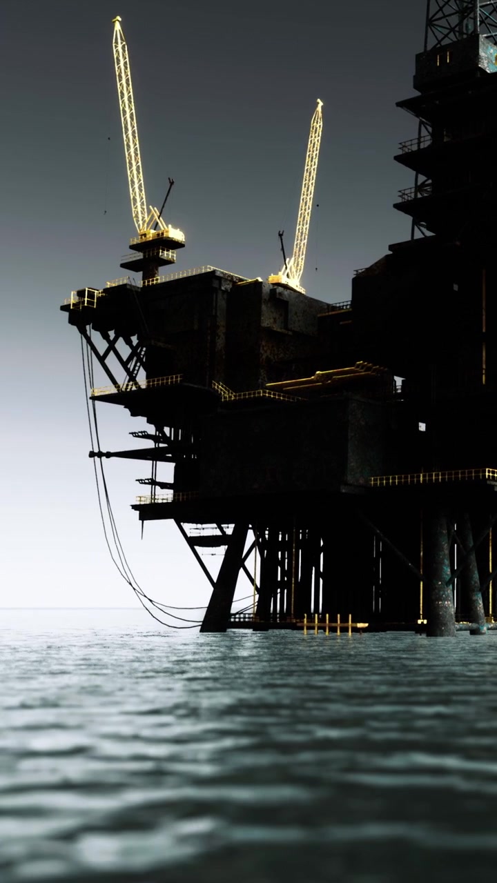 Majestic offshore oil rig rising above calm ocean waters at twilight