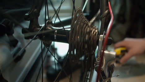 close up: after adjusting shifters, bicycle chain spins rear sprocket