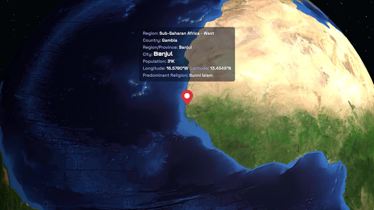 Rotating globe zooms into West Africa, highlighting Banjul with a red pin and demographic information