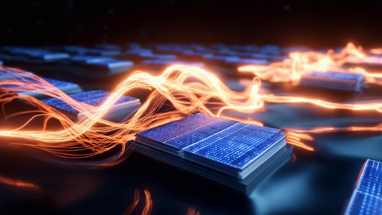 A captivating visual representation of energy flow intertwining with innovative technology, showcasing intricate patterns and vibrant colors, highlighting the dynamic interaction between data modules and light trails in a futuristic digital landscape