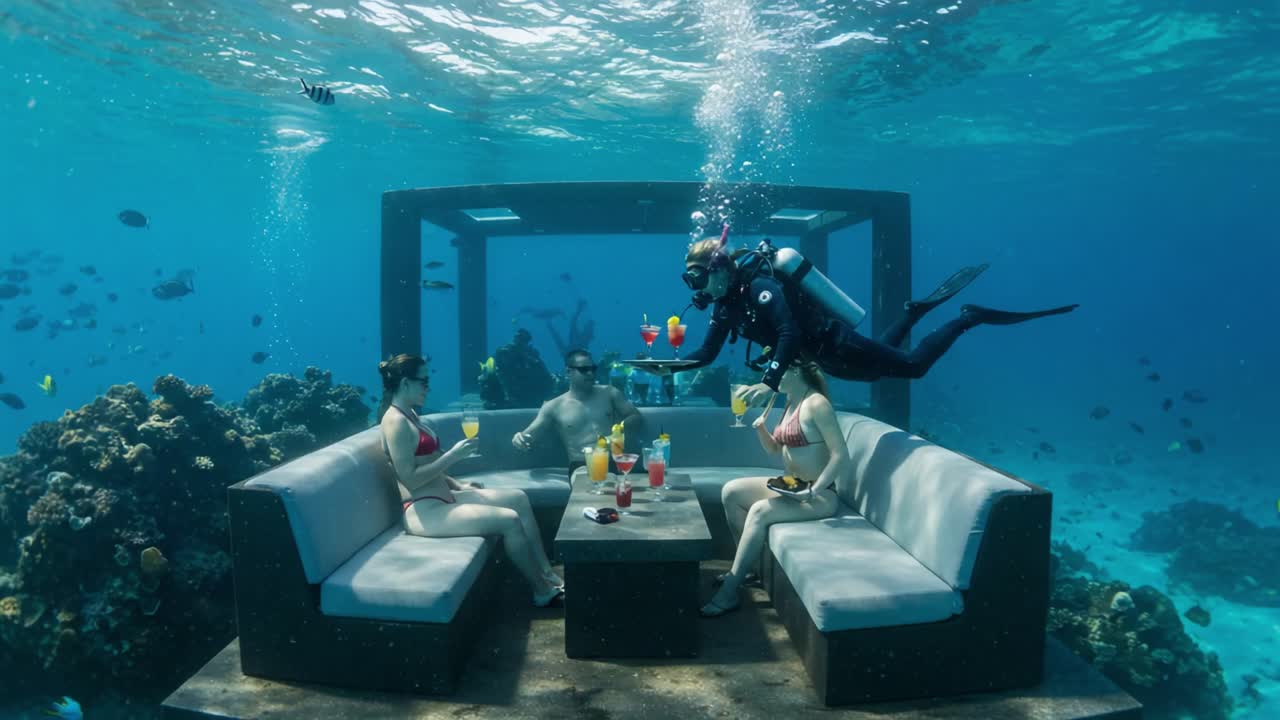 Underwater dining experience featuring guests enjoying drinks at a submerged table while a diver serves refreshments amidst vibrant marine life