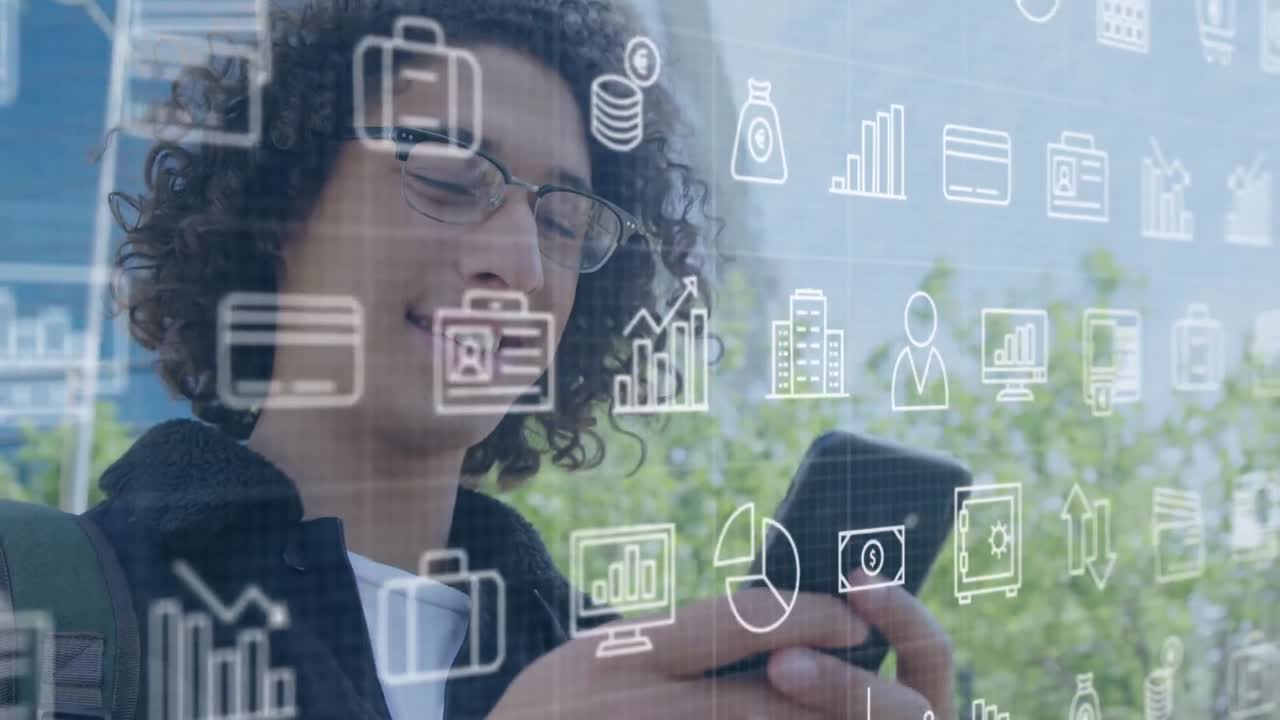 animación de iconos de negocios sobre un empresario biracial que usa un teléfono inteligente