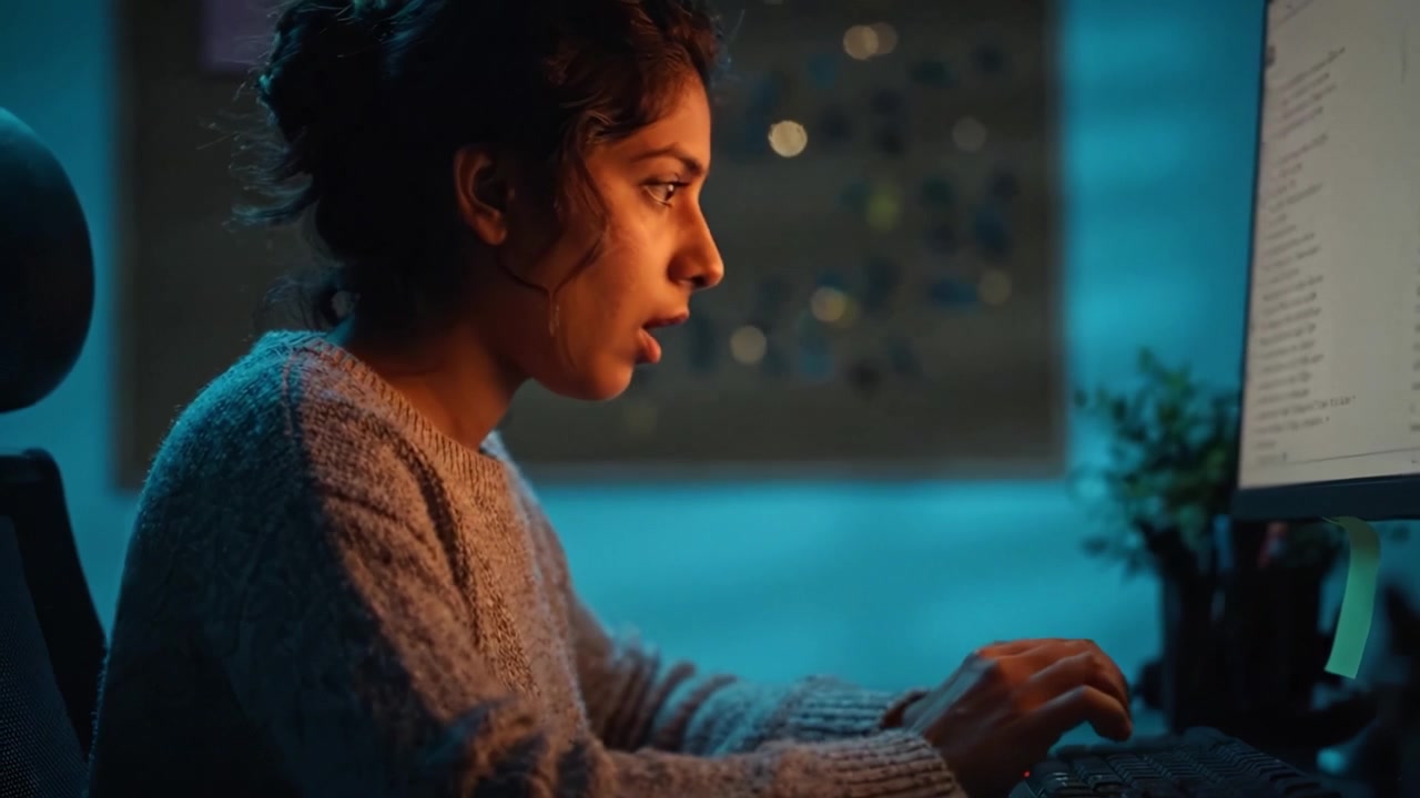 Focused Young Woman Working on Computer in a Dim Environment with Blue Lighting, Demonstrating Concentration and Engagement in a Digital Task