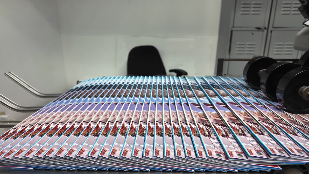 Folding machine in motion. Stacks of printed materials are moving along a conveyor belt, industrial setting production line.