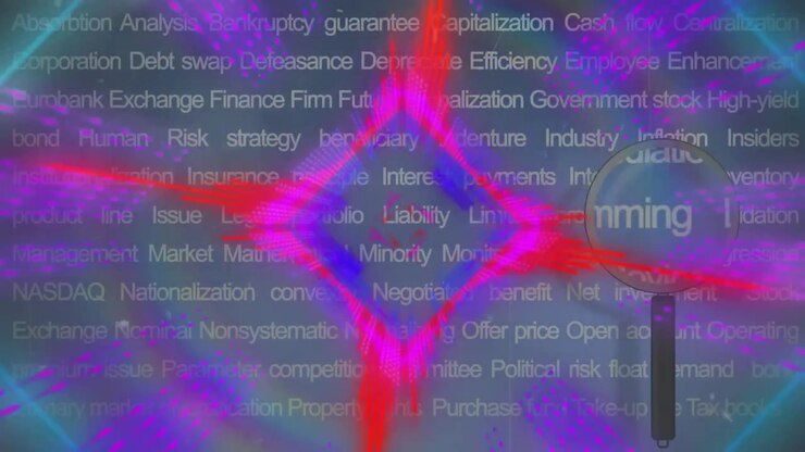 Bursting neon beams, diamond transforming, magnifier drifting, highlighting finance terms looping
