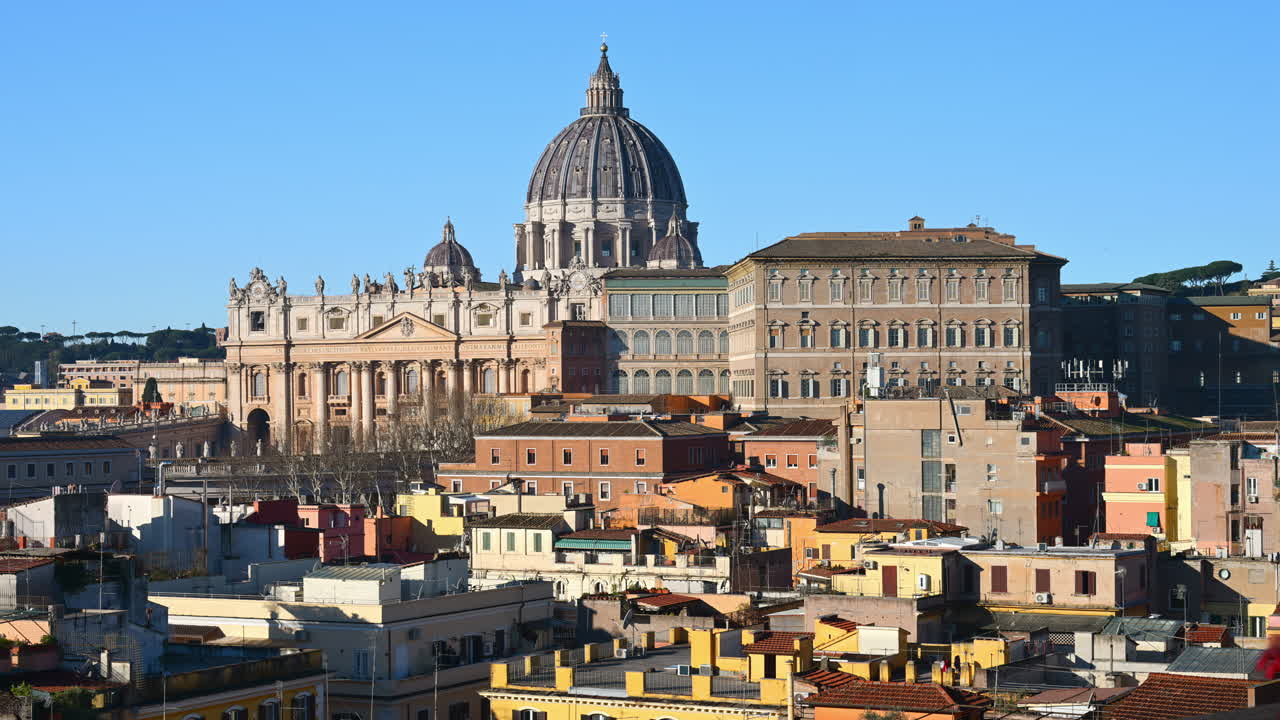 Vatican city from the distance with Saint Peter's Basilica at sunset. Zoom in effect. Rome, Italy