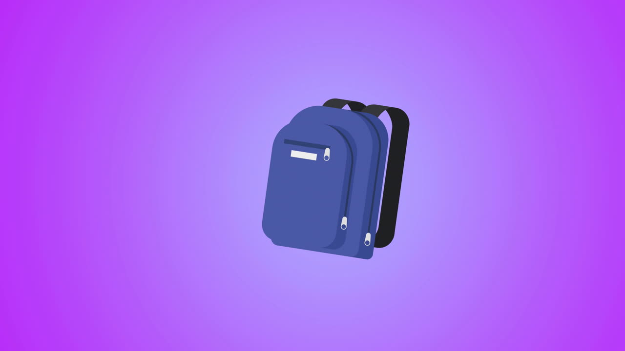 Animasi ikon tas sekolah dengan ruang salin di latar belakang gradien ungu