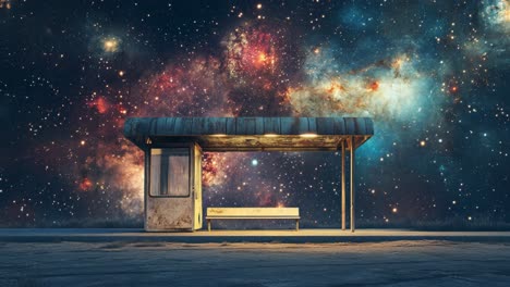 woman walking by a bus stop under a starry night sky