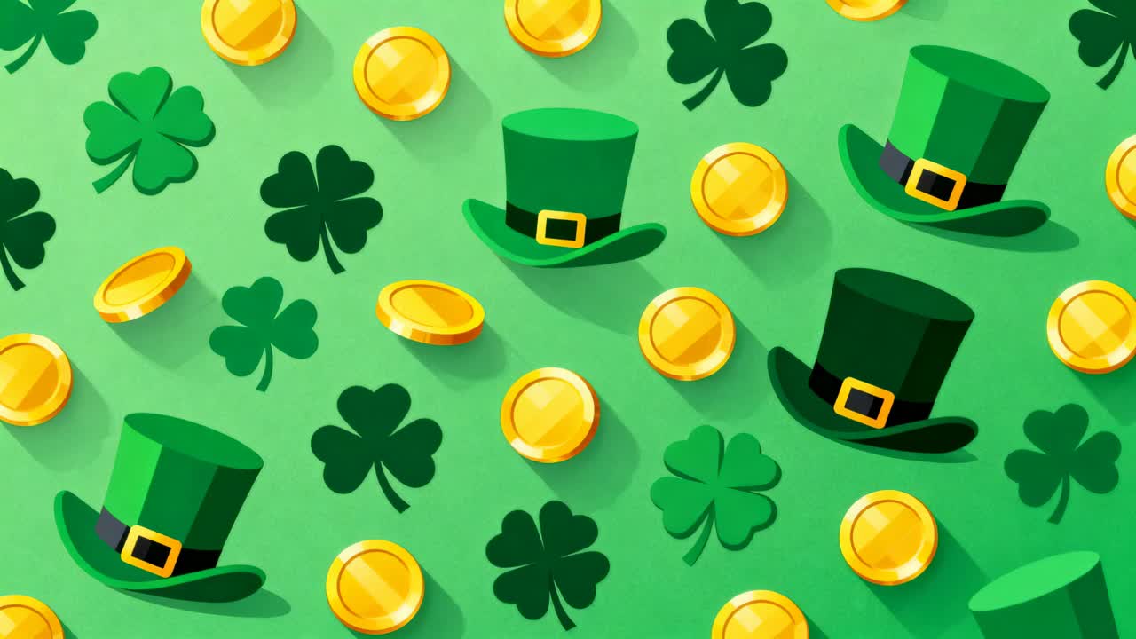 Animating St Patrick pattern panning diagonally across flat green field, showing clovers hats coins