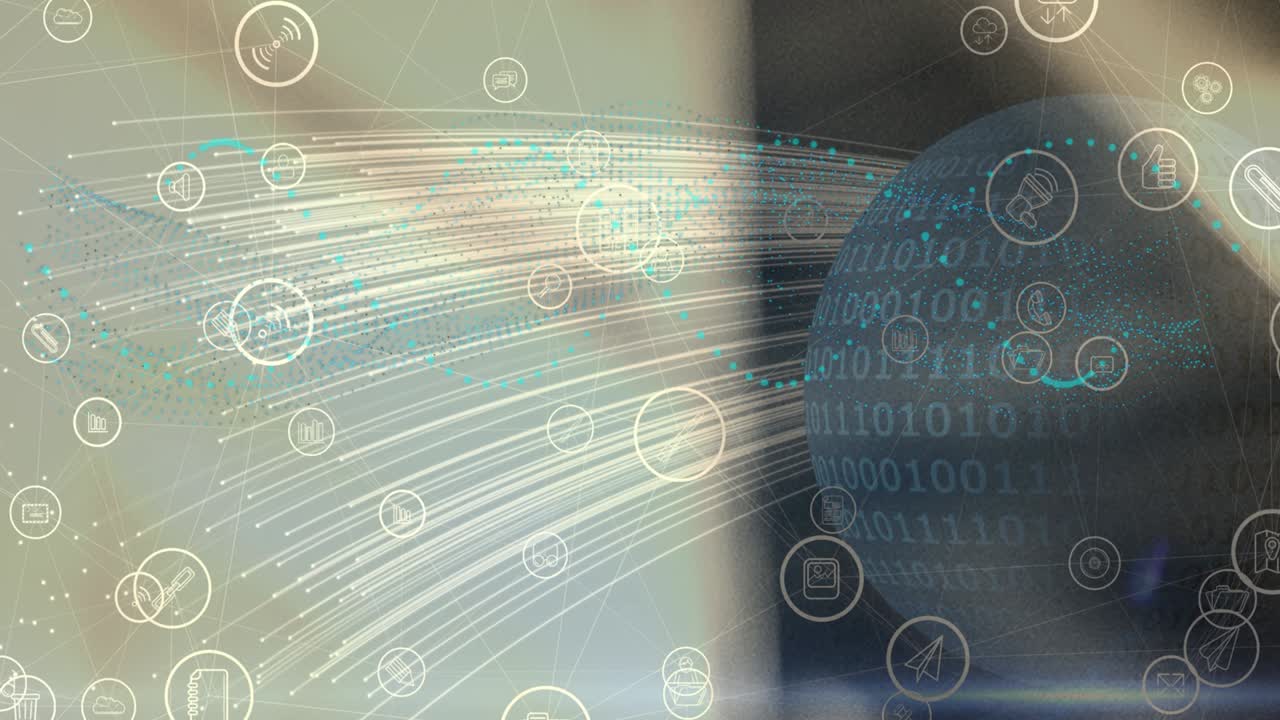 animación del globo con iconos digitales sobre un fondo borroso