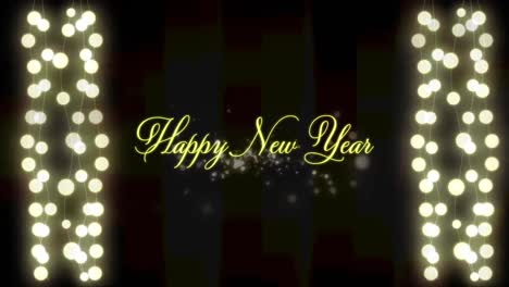 Feliz-Año-Nuevo-Texto-Y-Puntos-De-Luz-Sobre-Luces-Decorativas-Colgando-Sobre-Fondo-Negro