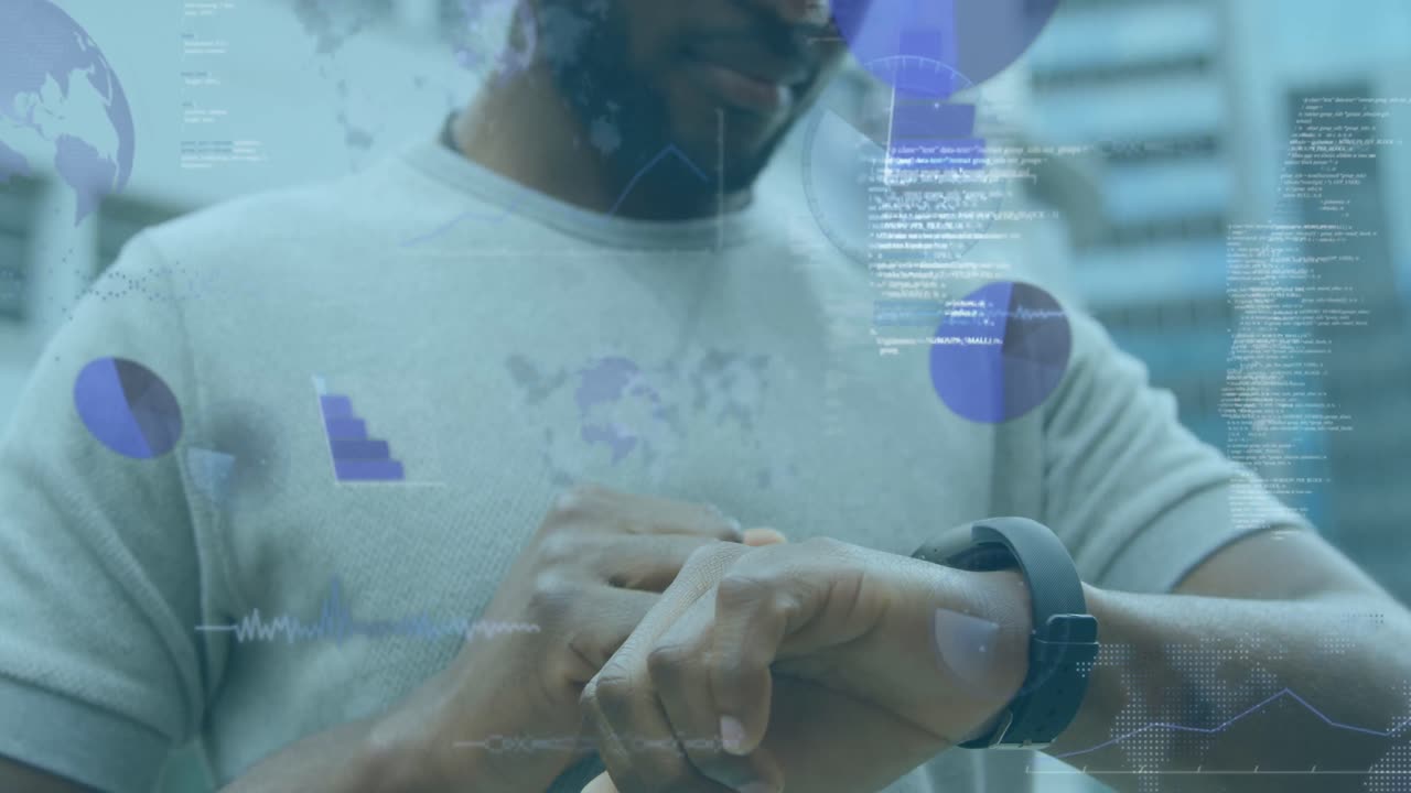 Animation of data processing over biracial businessman using smartwatch
