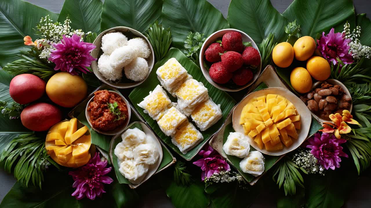緑の葉の上にトロピカルフルーツや珍味が鮮やかに飾られ、色彩豊かな食材の数々が食の伝統を祝うのに最適であることを示しています。