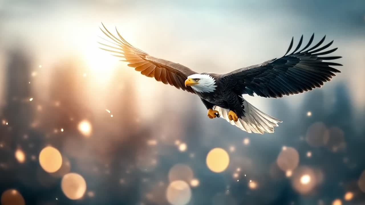 Maestosa aquila calva in volo con sfondo bokeh illuminato dal sole