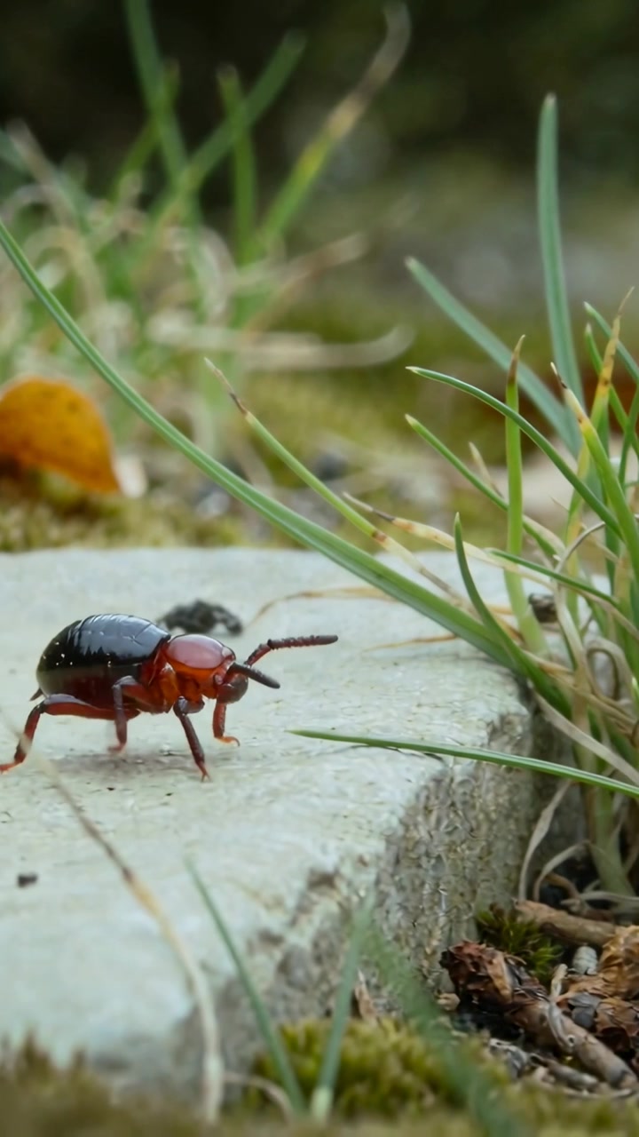 Vertical video: Entering left edge red-black ground beetle probing slab in garden, heading to grass