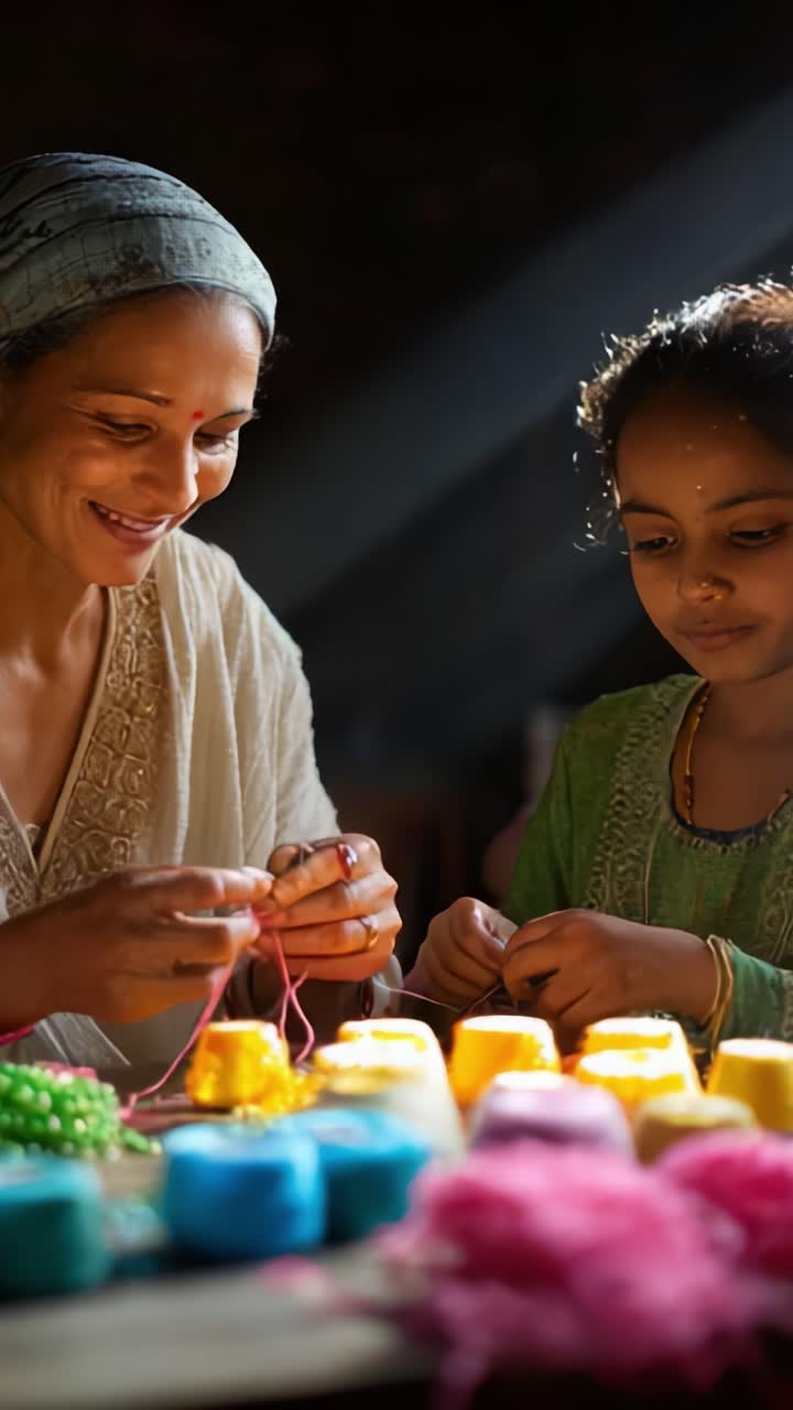 Un legame creativo: una donna e una bambina partecipano a una colorata sessione di crafting, piena di gioia e tradizione, utilizzando materiali dai colori meravigliosi