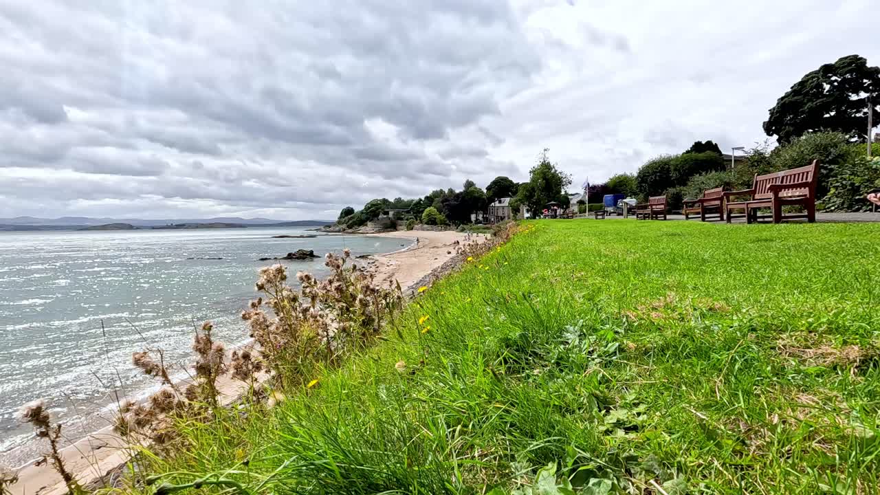vista panorámica de la costa con hierba en primer plano