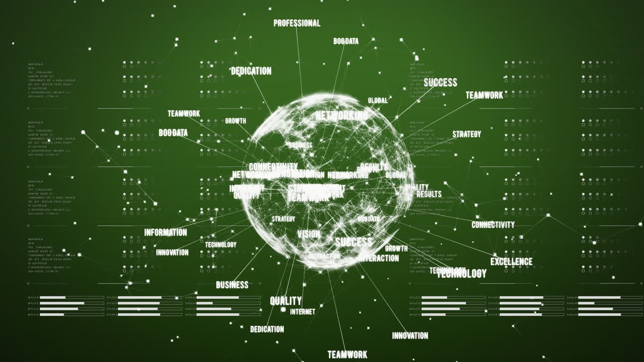 Animation of globe of network of connections with business text and data processing on green