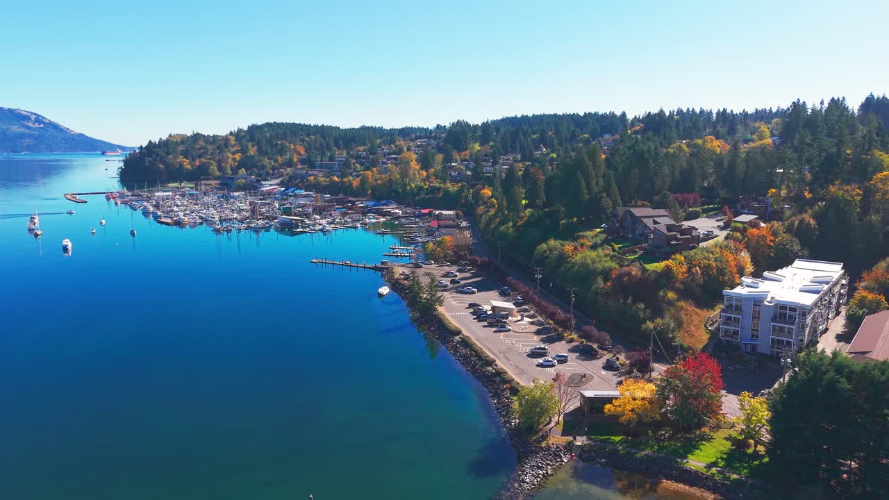 Vista aerea con drone del porto turistico di Cowichan Bay, barche e colorato lungomare con acqua blu calma sull'Isola di Vancouver, Columbia Britannica, creando un paesaggio scenografico di una cittadina costiera