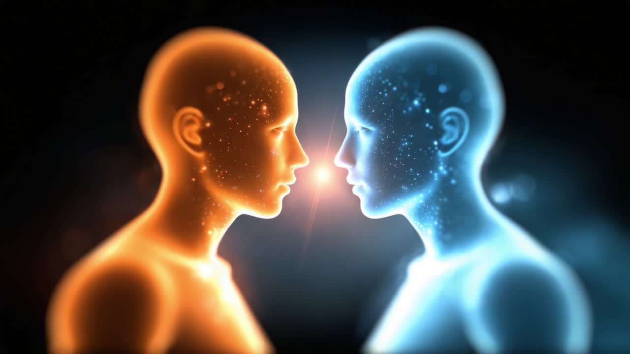 Deux figures éthérées composées d’étoiles et d’éléments cosmiques se faisant face, reliées par une lumière éclatante dans une représentation surréaliste et artistique de l’unité