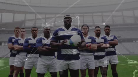 Animation-of-network-of-connections-over-team-of-diverse-male-rugby-players-standing-together