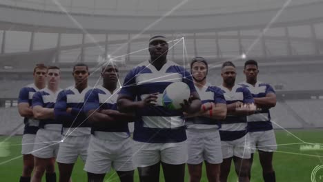 animation of network of connections over team of diverse male rugby players standing together