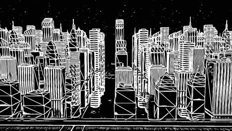 black and white cityscape illustration