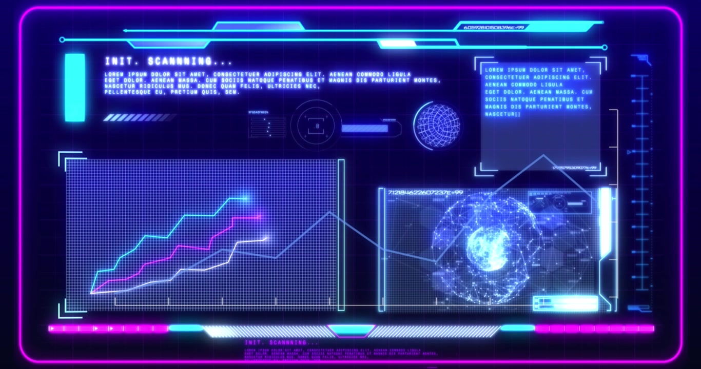Animation depicts data processing for global business on a blue background.