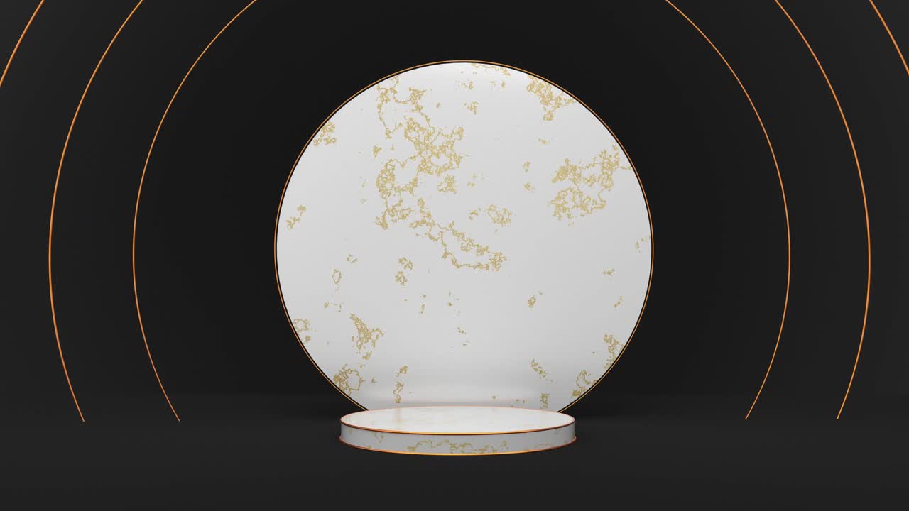 기하학적 장식 반지와 함께 색과 금색 대리석으로 만들어진 값비싼 포디움의 3d 애니메이션.