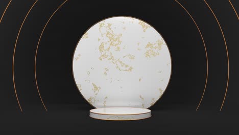 3d animation of an expensive podium made of white and gold marble with geometric decoration-rings.