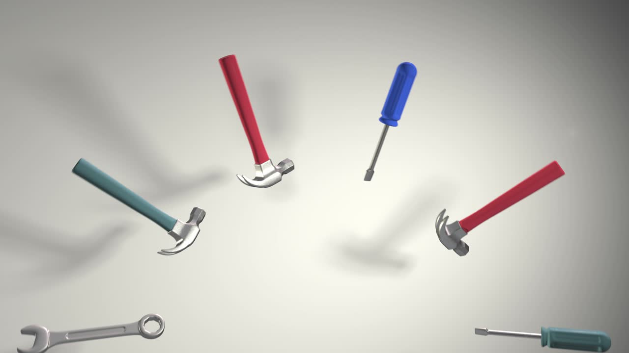 도구 키트에는 망치 렌치 스크류 드라이버가 포함되어 있습니다. 패턴. 회전. 현실적인 애니메이션. 상점, 유지보수, 수리. 루프 카루셀을 표시합니다.