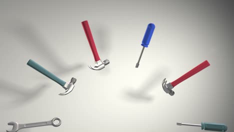 el kit de herramientas incluye un destornillador de llave de martillo. el patrón. rotación. animación realista. tienda, mantenimiento, reparación. espectáculo de carrusel de bucle