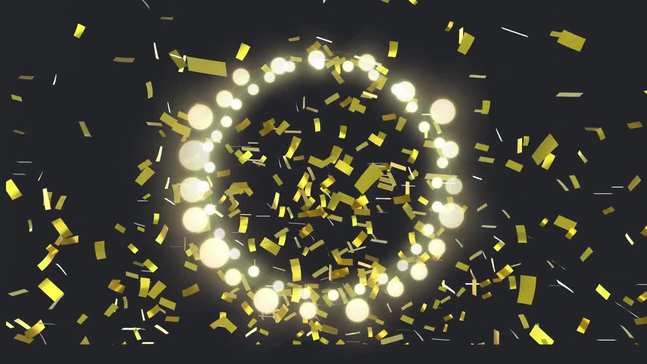 Animation of circle of glowing round christmas fairy lights over gold confetti, on black