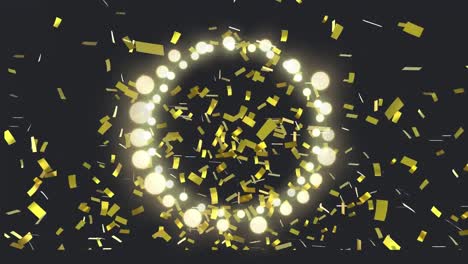 Animation-of-circle-of-glowing-round-christmas-fairy-lights-over-gold-confetti,-on-black