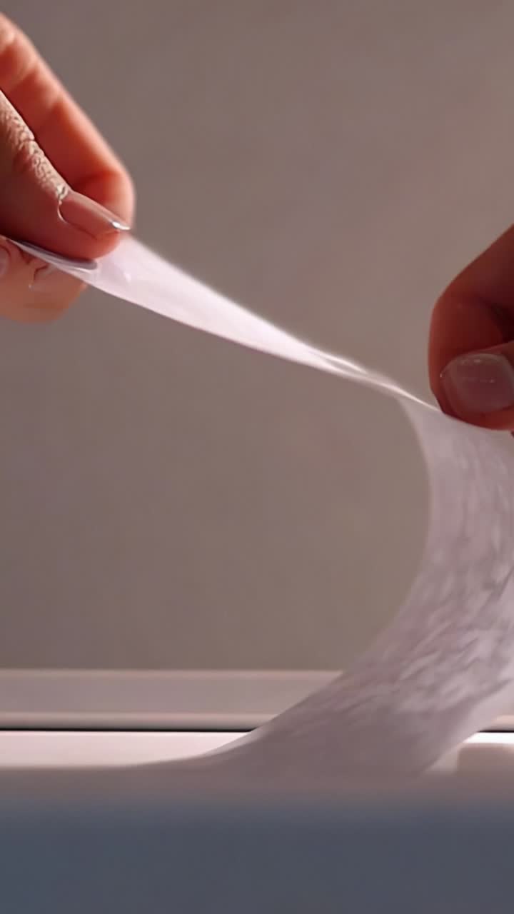 Gently Manipulating Transparent Material: A Close-Up Exploration of the Texture and Movement of Delicate Sheets in Dim Lighting Conditions