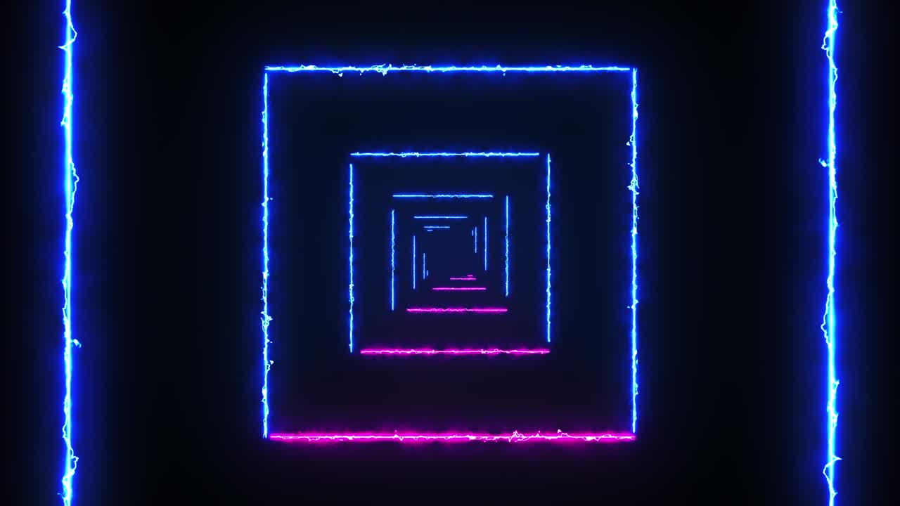 Sfondo astratto con quadrati luminosi di reattore ad arco e linee luminose che si muovono velocemente. Sfondo di colori diversi. Tunnel futuristico con luci di reattore ad arco. Loop continuo.