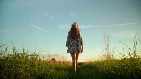 Atemberaubendes-Video-Eines-Jungen-Kaukasischen-Mädchens-In-Weißem-Kleid,-Das-Auf-Dem-Feld-Spaziert