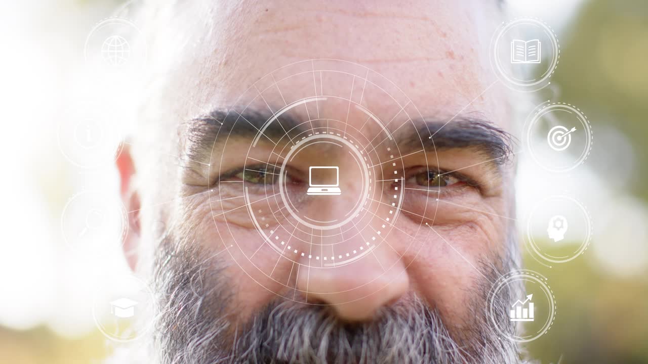 Mature man smiling into camera, tech HUD appearing, pulsing, aligning while icons showing skills