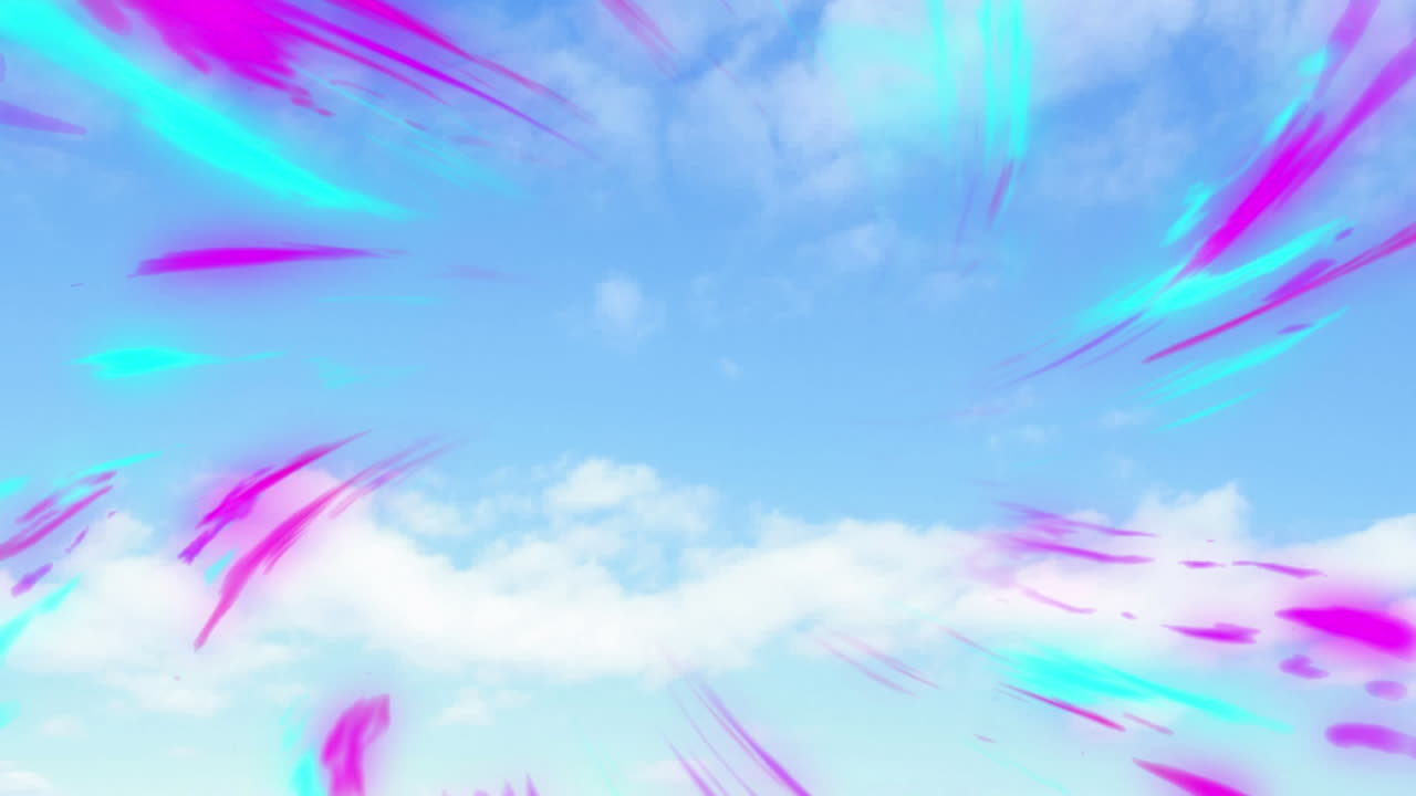 Digital animation of purple and green digital waves against clouds in the blue sky