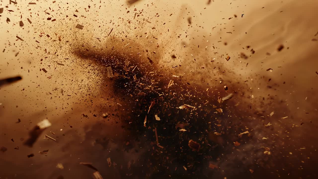 Forming mound, debris pieces and dust catching updraft, swirling and expanding in sepia space