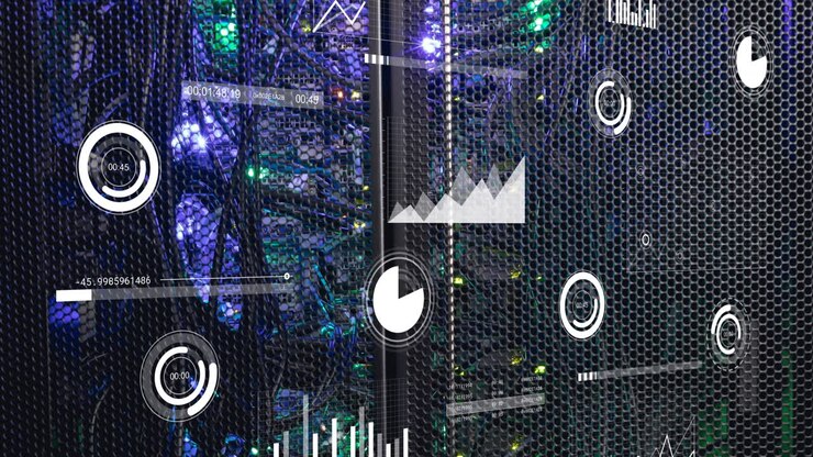 Animation of data processing against close up of computer server