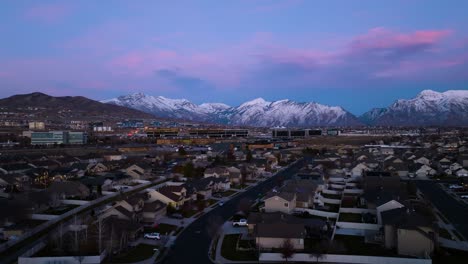 Lehi,-Utah-Silicon-Slopes-during-a-colorful-twilight-in-winter---sliding-aerial