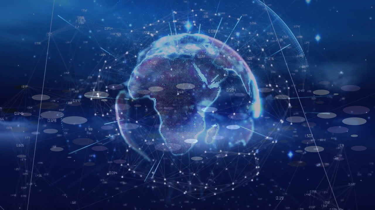 In animation, digital globe with network connections and data points in blue space