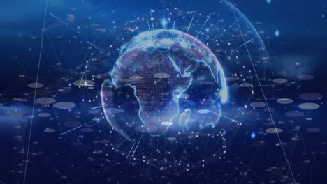 in animation, digital globe with network connections and data points in blue space