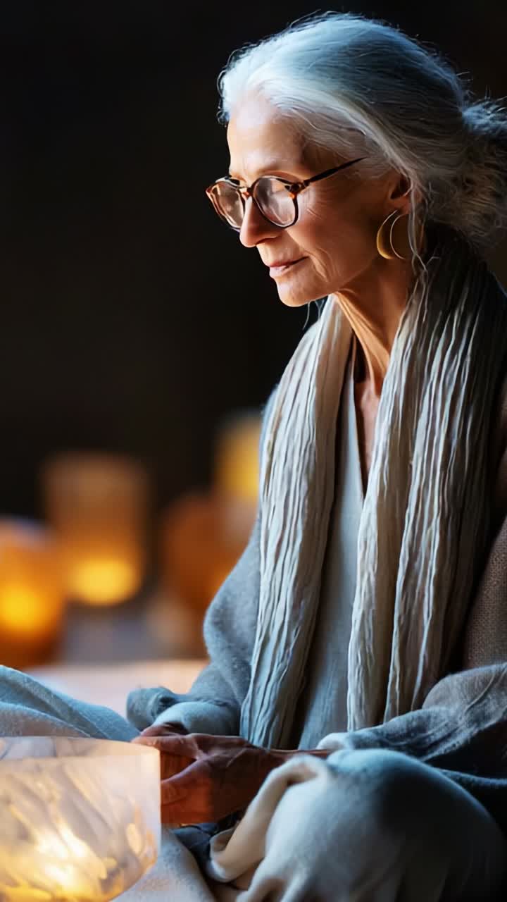 Contemplative Moment: A Graceful Woman in Soft Light with Subtle Glow from Candles, Reflecting on Life's Depths and Embracing Inner Peace with Age and Wisdom
