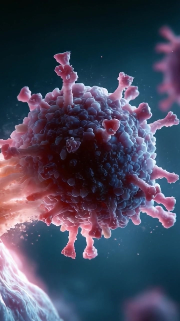 Visualizzazione dettagliata di una struttura virale, che mostra intricate proteine di superficie e interazione cellulare, evidenziando le caratteristiche microscopiche della biologia dei patogeni.