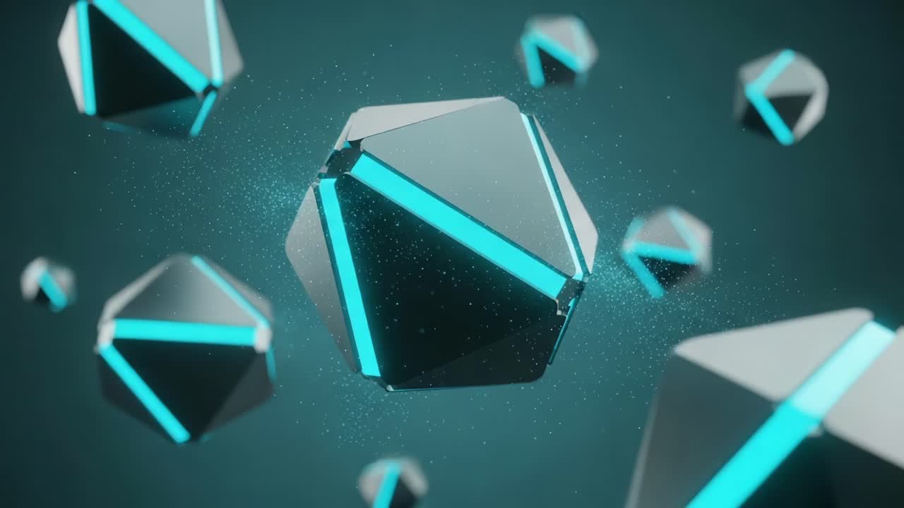 Floating Geometric Shapes with Neon Highlights in a Mysterious Environment: A Digital Exploration of 3D Design and Modern Aesthetics